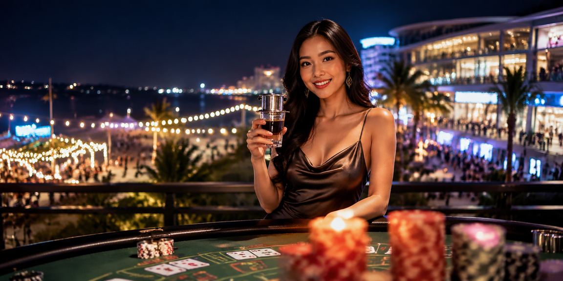 Người chơi baccarat tại Phú Quốc thư giãn bên ly cà phê Việt Nam trong không gian resort hiện đại